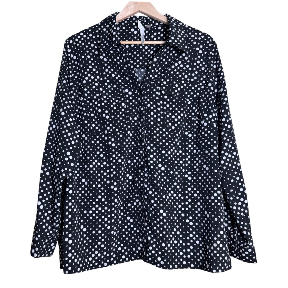 NY Collection Woman Blouse Down Polka Dot Button 1X Black White Office Workwear